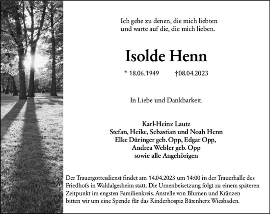 Traueranzeige von Isolde Henn von Allgemeine Zeitung Bingen/Ingelheim