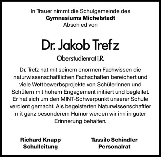 Traueranzeige von Jakob Trefz von Odenwälder Echo