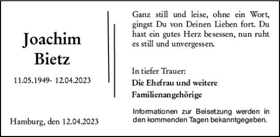 Traueranzeige von Joachim Bietz von Dill Block