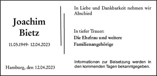 Traueranzeige von Joachim Bietz von VRM Trauer