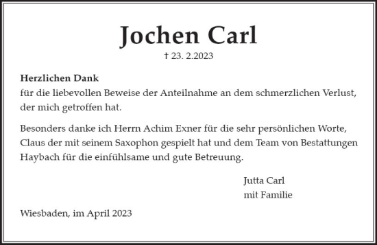 Traueranzeige von Jochen Carl von Wiesbadener Kurier