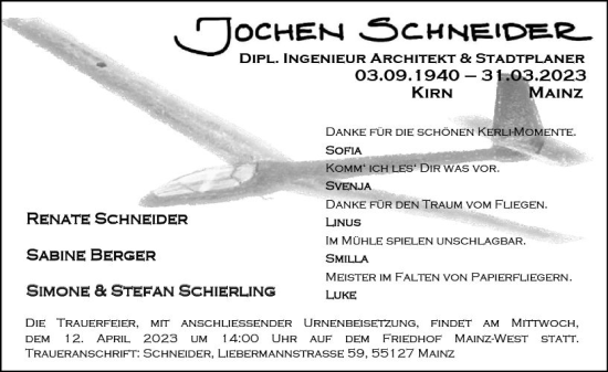 Traueranzeige von Jochen Schneider von Allgemeine Zeitung Mainz