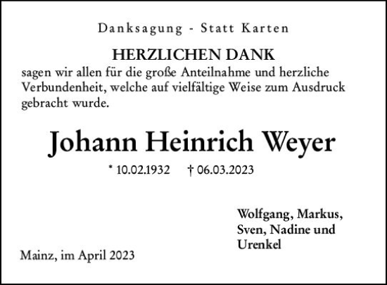 Traueranzeige von Johann Heinrich Weyer von Allgemeine Zeitung Mainz