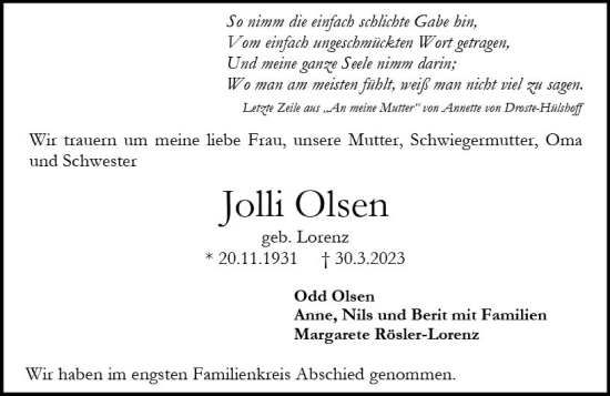 Traueranzeige von Jolli Olsen von Darmstädter Echo