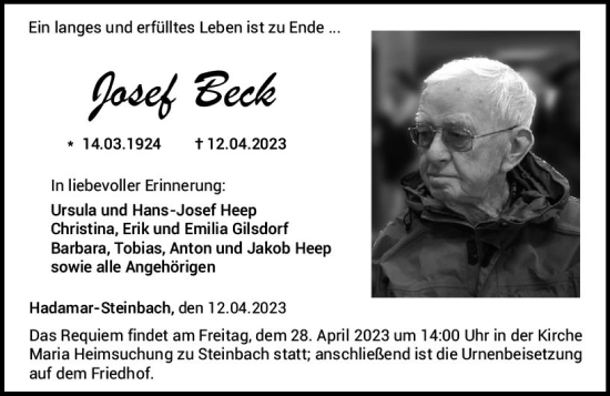 Traueranzeige von Josef Beck von Nassauische Neue Presse