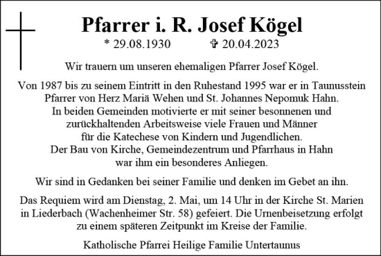 Traueranzeige von Josef Kögel von Idsteiner Land/Untertaunus
