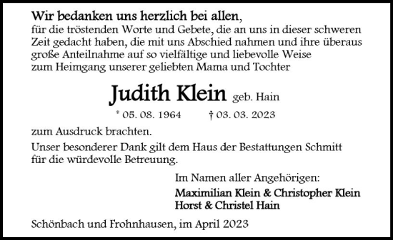 Traueranzeige von Judith Klein von Dill Block