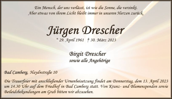 Traueranzeige von Jürgen Drescher von Camberger Anzeiger