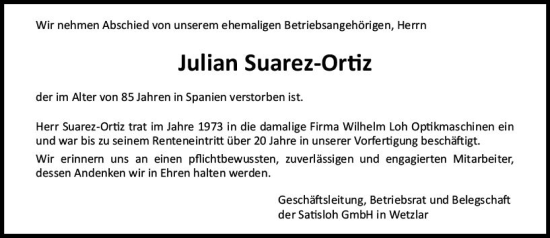 Traueranzeige von Julian Suarez-Ortiz von Wetzlarer Neue Zeitung