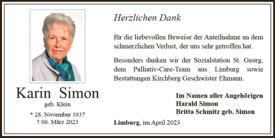 Traueranzeige von Karin Simon von Nassauische Neue Presse