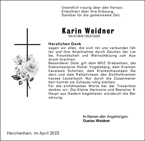 Traueranzeige von Karin Weidner von VRM Trauer