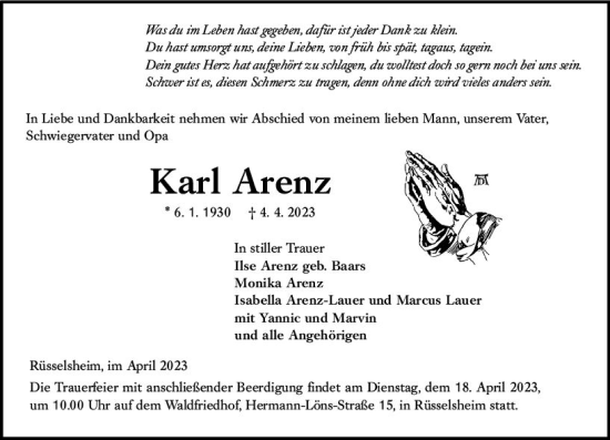 Traueranzeige von Karl Arenz von Rüsselsheimer Echo