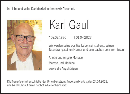 Traueranzeige von Karl Gaul von Rheingau Kurier