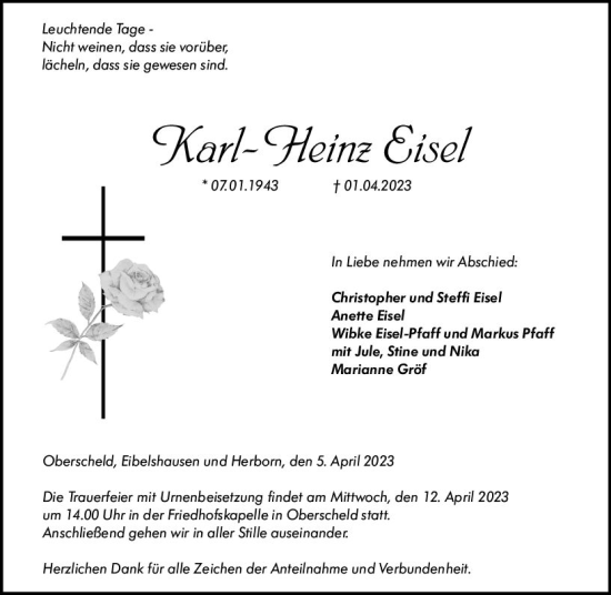 Traueranzeige von Karl-Heinz Eisel von Dill Block
