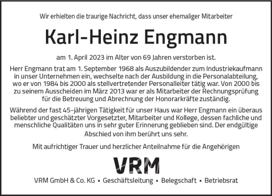 Traueranzeige von Karl-Heinz Engmann von Wiesbadener Kurier