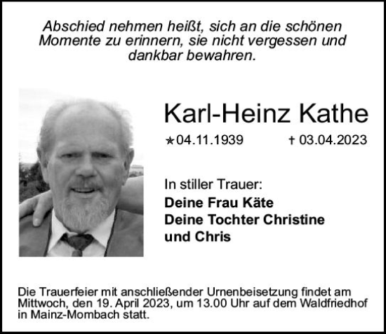 Traueranzeige von Karl-Heinz Kathe von Allgemeine Zeitung Mainz