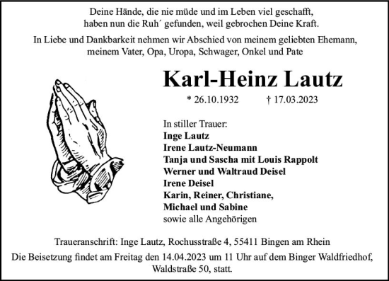 Traueranzeige von Karl-Heinz Lautz von Allgemeine Zeitung Bingen/Ingelheim