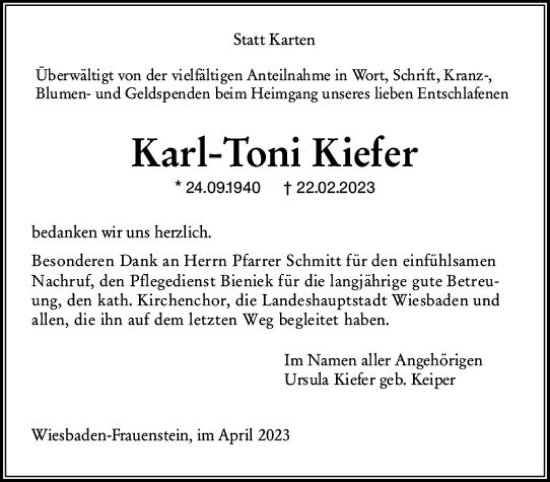 Traueranzeige von Karl-Toni Kiefer von Wiesbadener Kurier