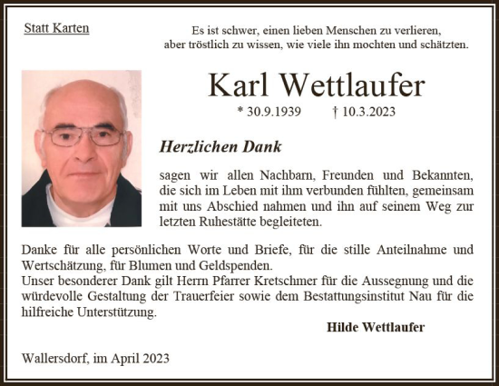 Traueranzeige von Karl Wettlaufer von Oberhessen Kurier