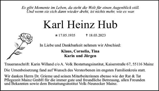 Traueranzeige von Karl Heinz Hub von Allgemeine Zeitung Mainz