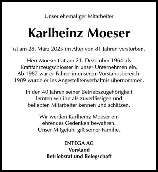 Traueranzeige von Karlheinz Moeser von Odenwälder Echo