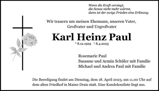 Traueranzeige von Karl Heinz Paul von Allgemeine Zeitung Mainz