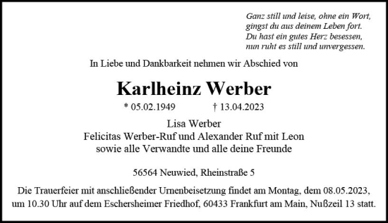 Traueranzeige von Karlheinz Werber von Allgemeine Zeitung Mainz