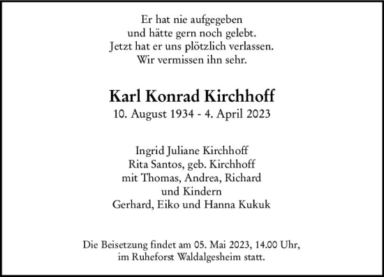 Traueranzeige von Karl Konrad Kirchhoff von Allgemeine Zeitung Mainz