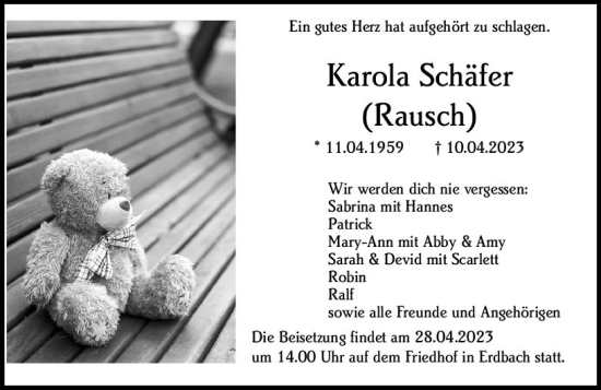 Traueranzeige von Karola Schäfer von Dill Block