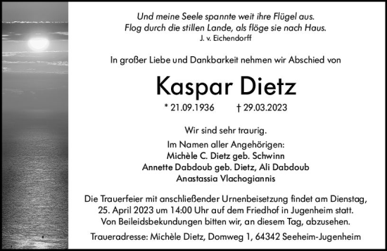 Traueranzeige von Kaspar Dietz von Darmstädter Echo