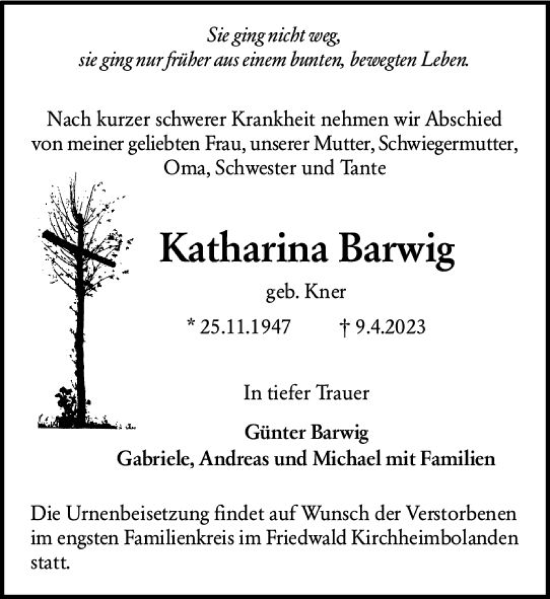 Traueranzeige von Katharina Barwig von Allgemeine Zeitung Alzey