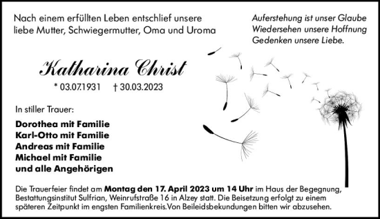 Traueranzeige von Katharina Christ von Allgemeine Zeitung Alzey