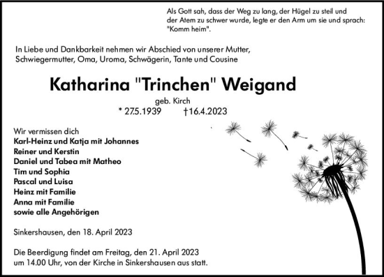 Traueranzeige von Katharina Weigand von Hinterländer Anzeiger