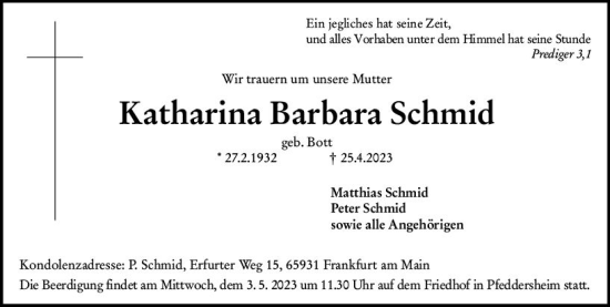 Traueranzeige von Katharina Barbara Schmid von Wormser Zeitung