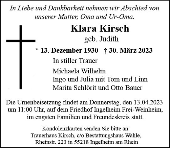 Traueranzeige von Klara Kirsch von Allgemeine Zeitung Bingen/Ingelheim