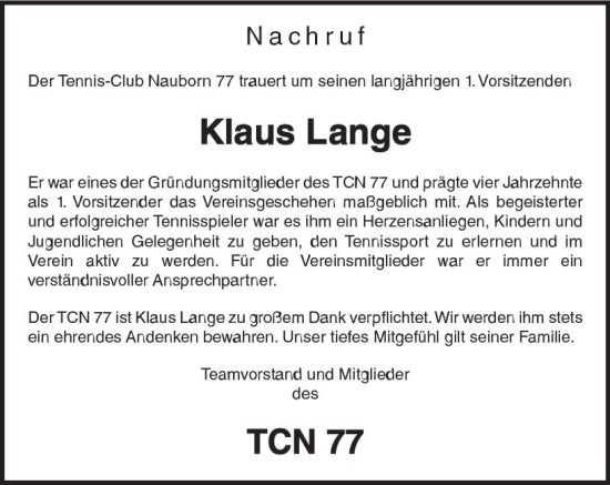 Traueranzeige von Klaus Lange von Wetzlarer Neue Zeitung