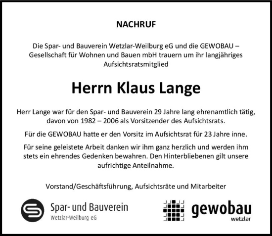 Traueranzeige von Klaus Lange von Wetzlarer Neue Zeitung