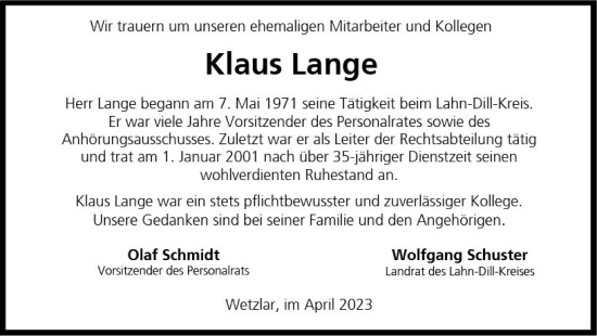 Traueranzeige von Klaus Lange von Wetzlarer Neue Zeitung
