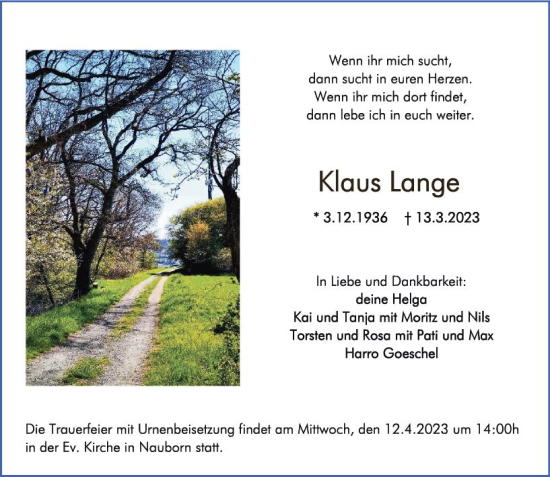 Traueranzeige von Klaus Lange von Wetzlarer Neue Zeitung
