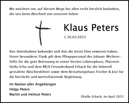 Traueranzeige von Klaus Peters von Wiesbadener Kurier