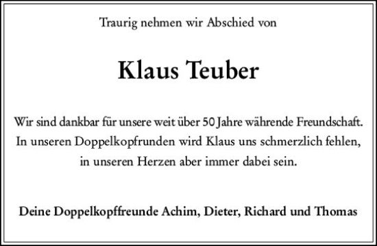 Traueranzeige von Klaus Teuber von Darmstädter Echo