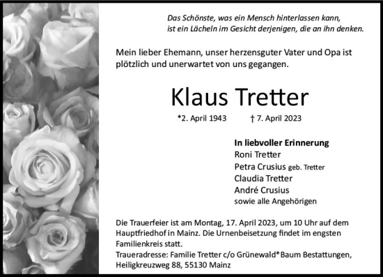 Traueranzeige von Klaus Tretter von Allgemeine Zeitung Mainz