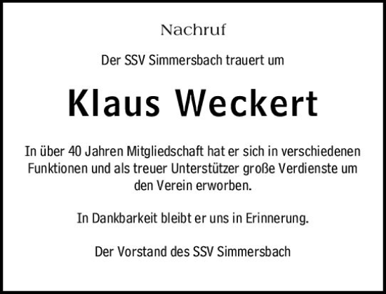 Traueranzeige von Klaus Weckert von Dill Block