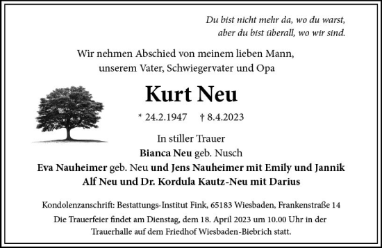 Traueranzeige von Kurt Neu von Wiesbadener Kurier