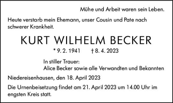 Traueranzeige von Kurt Wilhelm Becker von Hinterländer Anzeiger