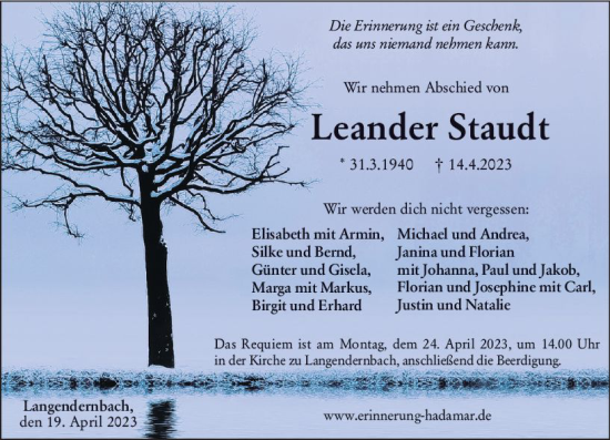 Traueranzeige von Leander Staudt von Nassauische Neue Presse