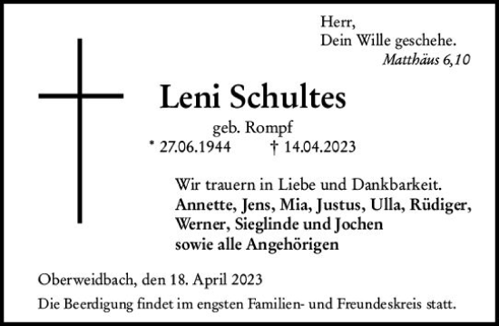 Traueranzeige von Leni Schultes von Hinterländer Anzeiger