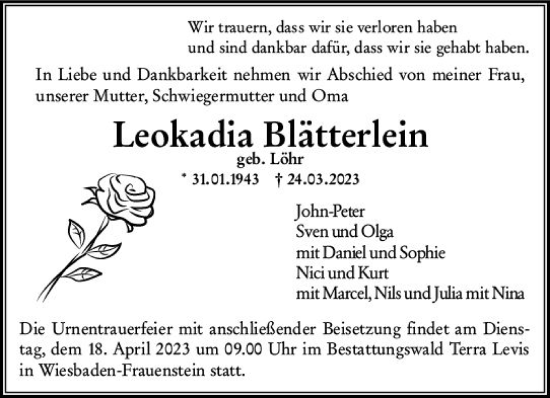 Traueranzeige von Leokadia Blätterlein von Wiesbadener Kurier