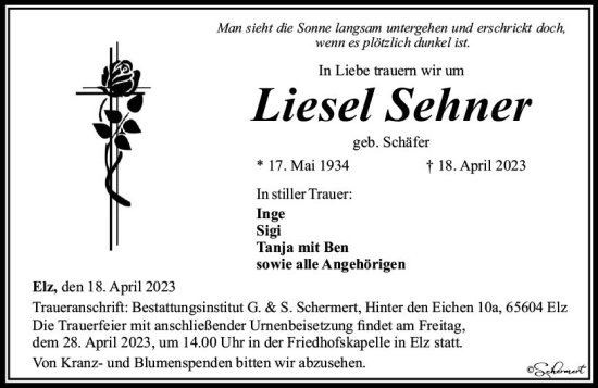 Traueranzeige von Liesel Sehner von Nassauische Neue Presse