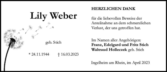 Traueranzeige von Lily Weber von Allgemeine Zeitung Bingen/Ingelheim